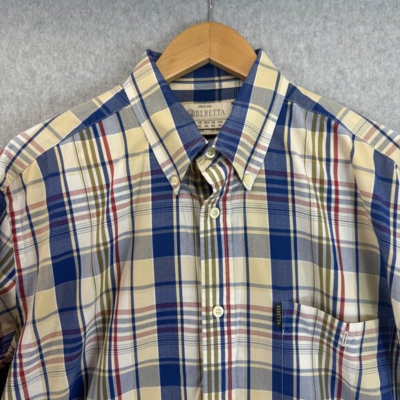 Beretta Mens Collared‎ Button-Up Shirt Plaid Long Sleeve Blue Cream Size US XL - Picture 3 of 12